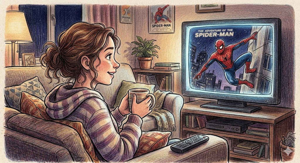 AIが作成したスパイダーマンをテレビで楽しむ女性のイラスト