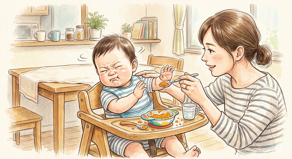 離乳食を嫌がる赤ちゃんのイラスト